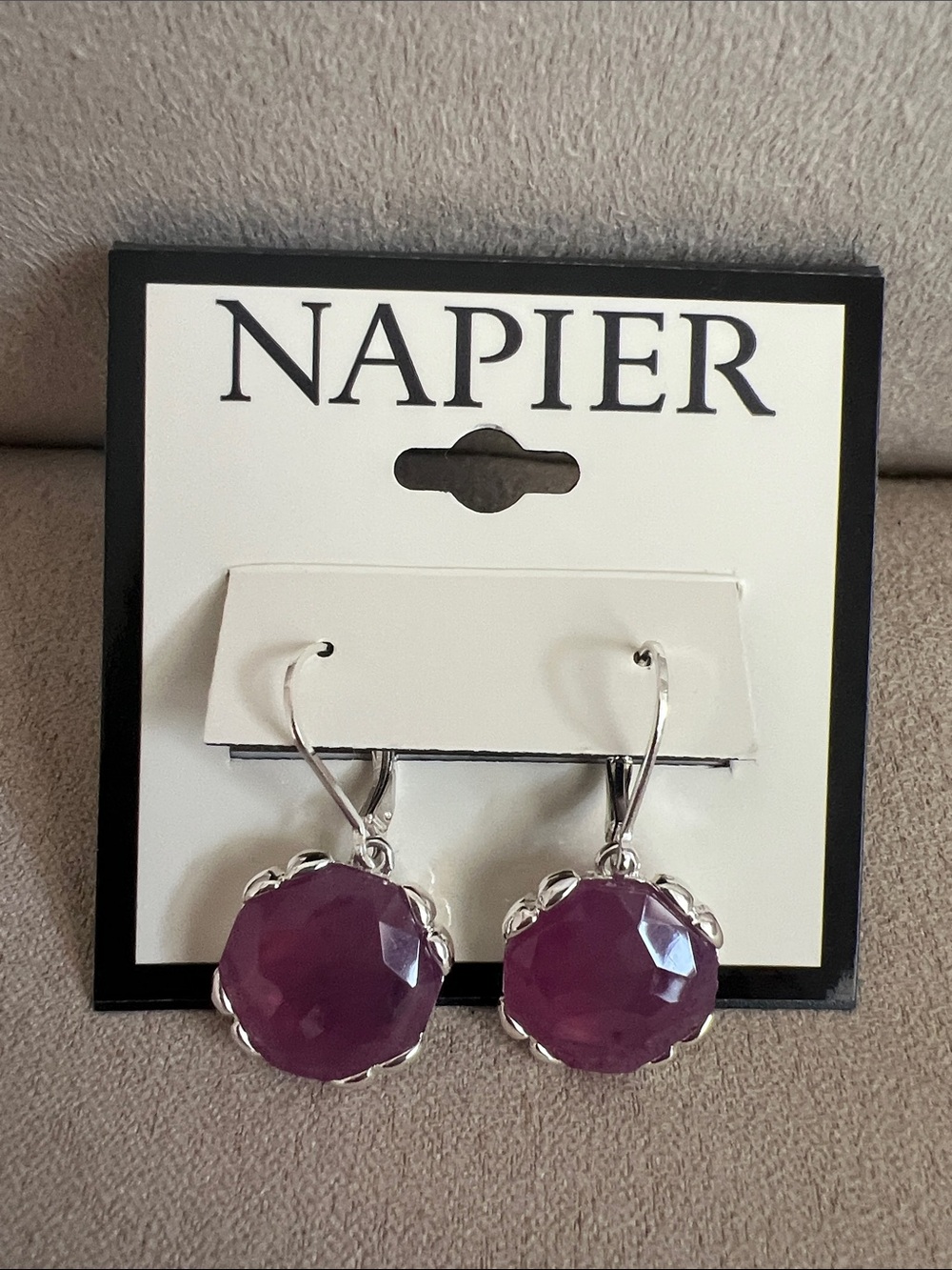 NWT Napier Silver-Tone Purple Faceted Drop Earrings